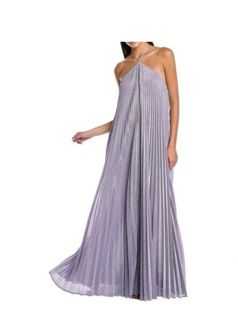 Halston Em Shimmer Pleated Purple Halter Maxi Gown Dress